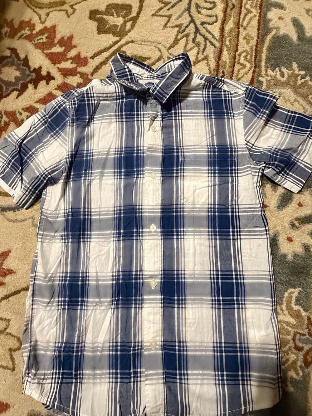 Blue and White Plaid Short-Sleeve Boys Shirt